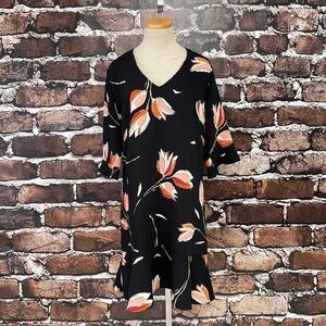 Nadal Dress Black Pink Floral Tulips V-Neck Size XXL
